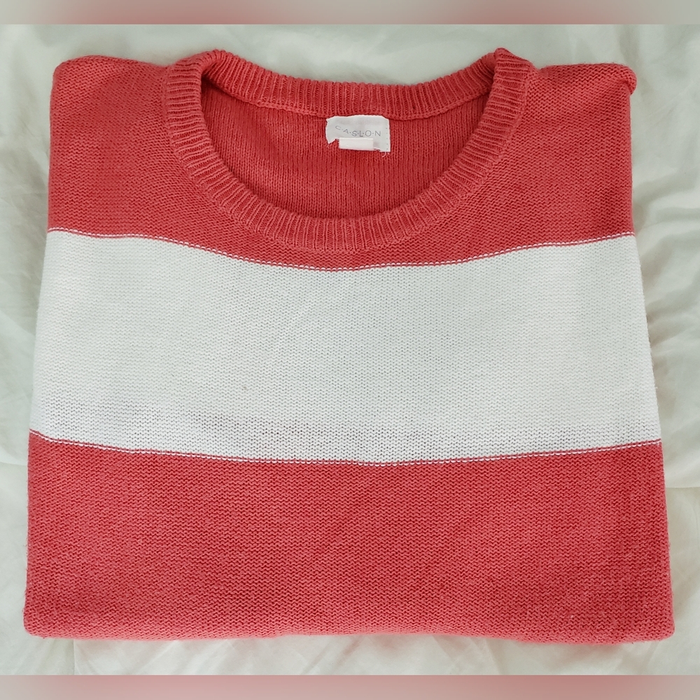 Caslon Coral/White/Gray Crew Neck Sweater